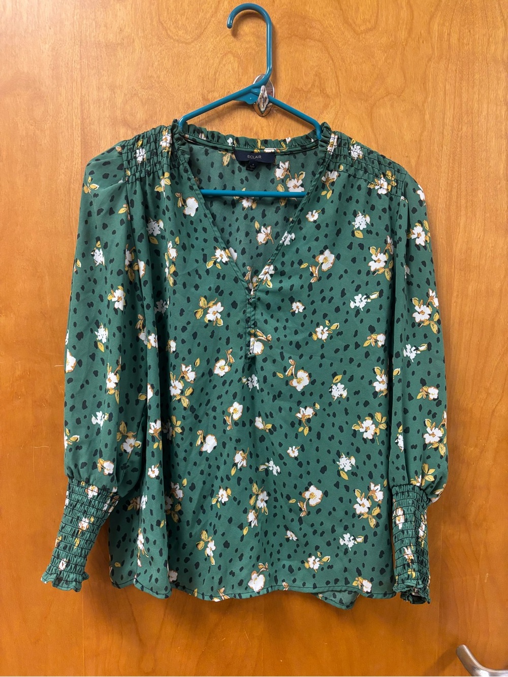 Forest Green Floral V-Neck Smocked Cuff Blouse by Lularoe